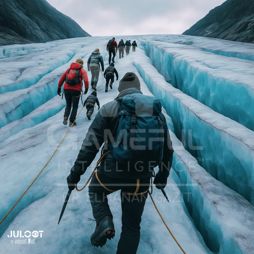 Dr Gazit GI Walking on a Glacier PromptArt דר אלחנן גזית | אינטליגנציה משחקית™ בעידן ה AI